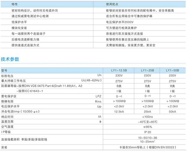 LY-50B電(diàn)涌保护器技术参数